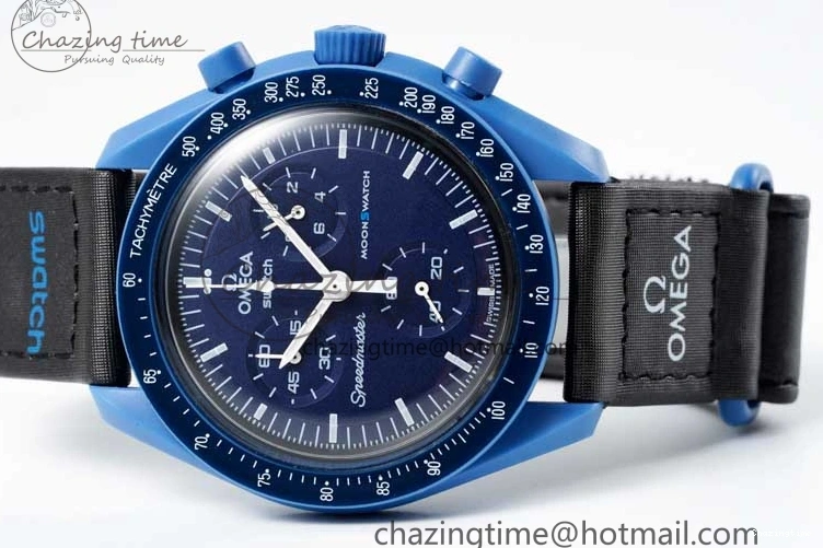 0206 ZipUp Speedmaster Misson To Neptune 1:1 Best Edition Blue Dial On Nylon Strap Quartz 7854